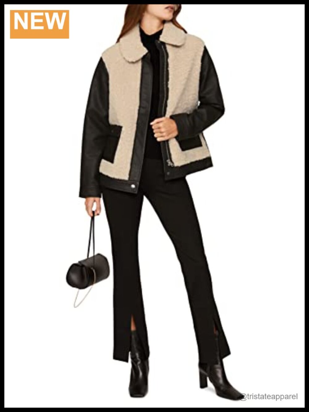 Faux Shearling & Faux Leather Mixed Medium Jacket, Long Sleeve